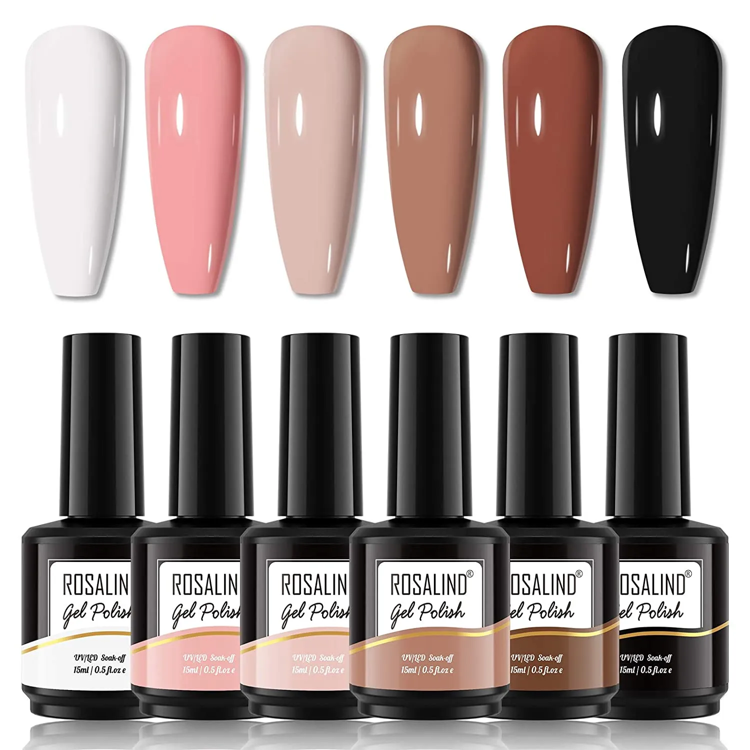 ROSALIND White Black Gel Nail Polish Set, 15ML White and Black Gel Nail Polish Long Lasting Gel Nail Kit, Nude Gel Polish Brown Gray Neutral Morandi Gel Nail Polish for Nail Art DIY at Home 6 Colors