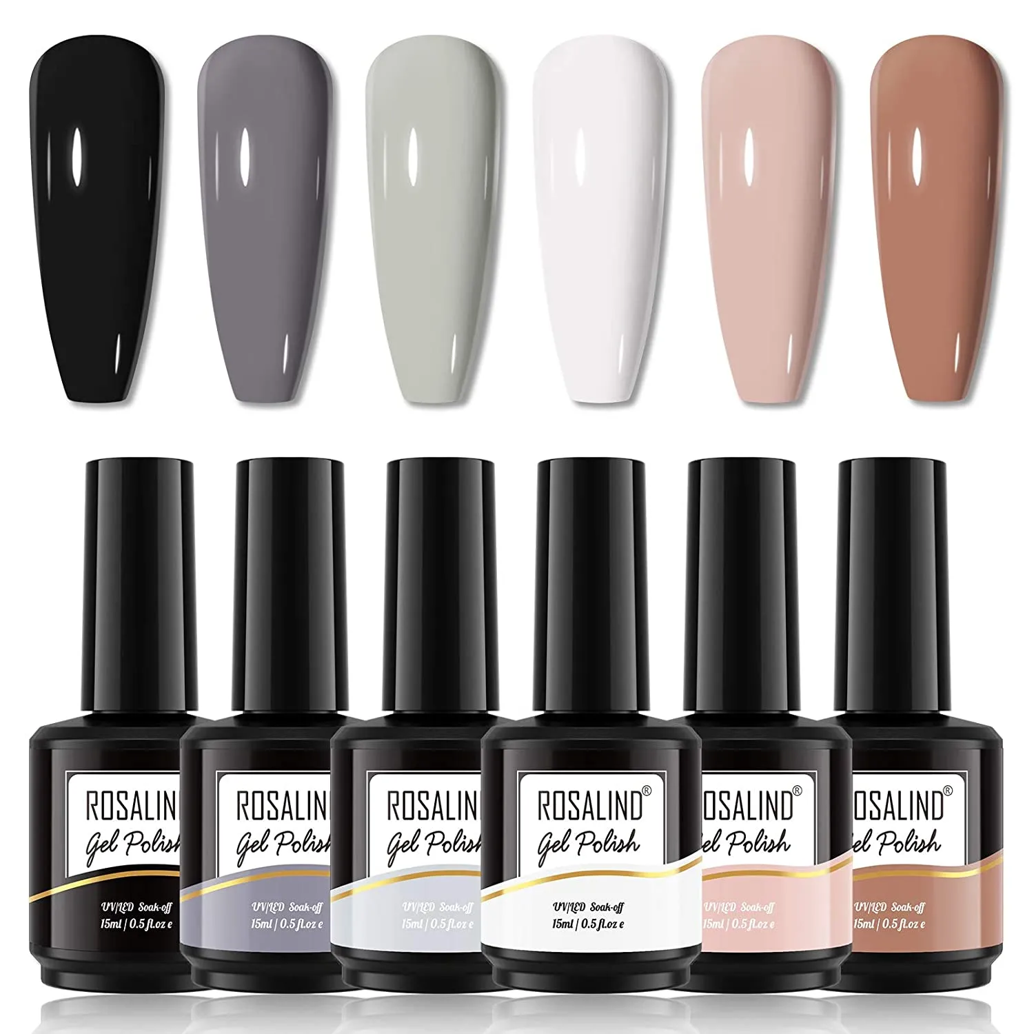 ROSALIND White Black Gel Nail Polish Set, 15ML White and Black Gel Nail Polish Long Lasting Gel Nail Kit, Nude Gel Polish Brown Gray Neutral Morandi Gel Nail Polish for Nail Art DIY at Home 6 Colors
